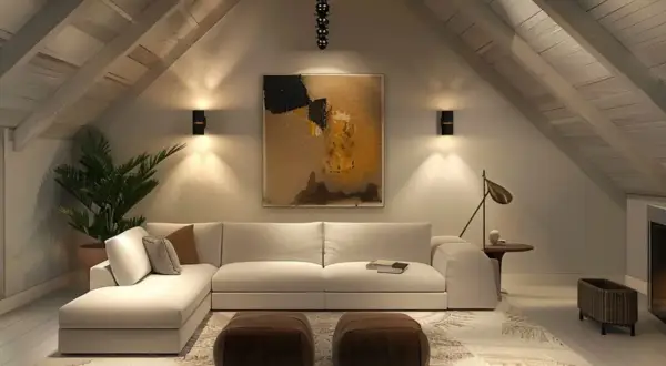 Przytulny salon na poddaszu z wygodną sofą i dwoma pufami. **Ledy na skosach** podkreślają architekturę wnętrza.