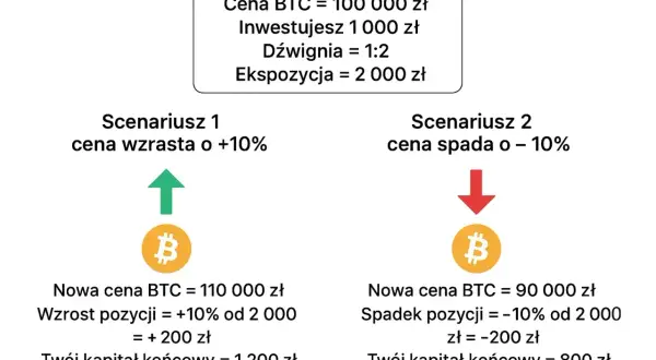 Ilustracja pokazuje, cfd co to jest, na przykładzie Bitcoina. Dwa scenariusze: wzrost ceny o 10% daje zysk 200 zł, spadek o 10% stratę 200 zł.