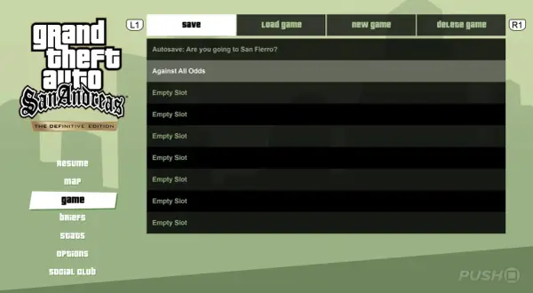 Menü von GTA San Andreas auf PS4. Hier werden Speicherstände verwaltet, um das Spiel fortzusetzen.