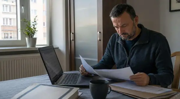 Mężczyzna analizuje dokumenty, szukając informacji, jak sprawdzić czy nastąpiło zatarcie skazania. Na biurku laptop, kubek i segregatory.