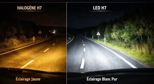 Comparaison d'éclairage : ampoule halogène H7 jaune vs LED H7 blanc pur. Le **led signification** est une lumière plus vive et claire pour la route.