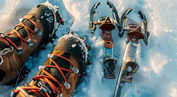 Buty trekkingowe z rakami górskimi i czekany leżą na śniegu, gotowe na zimową wyprawę.