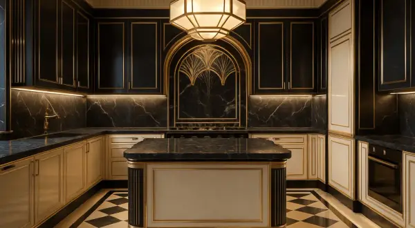 Elegancka kuchnia art deco z czarnymi, marmurowymi blatami, złotymi detalami i geometryczną podłogą.