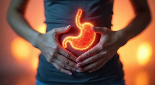 Dłonie obejmujące brzuch, gdzie widoczny jest świecący, czerwony żołądek, symbolizujący gastropatię rumieniową.