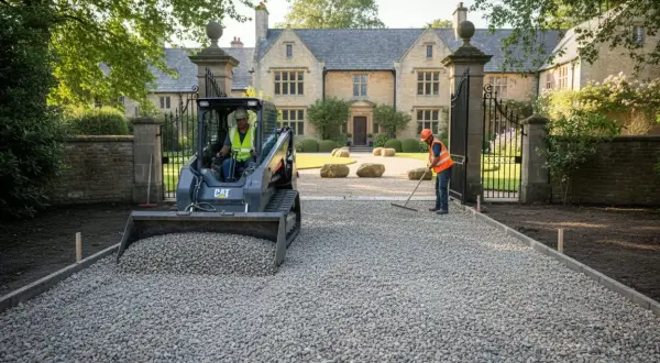 Lavoratori creano vialetti giardino carrabili con una minipala e un rastrello davanti a una villa signorile.