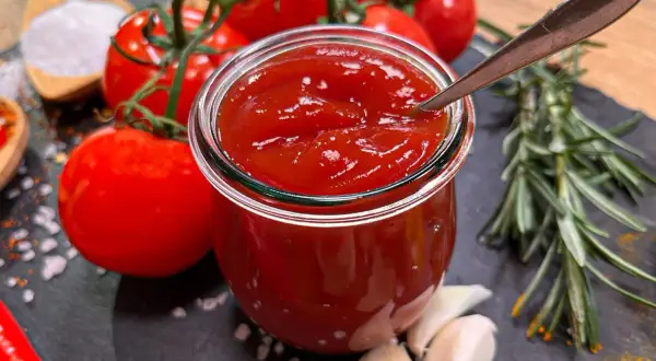 Frisch zubereiteter Ketchup in einem Glas, umgeben von Tomaten, Knoblauch und Rosmarin. So einfach ist es, Ketchup selber machen!