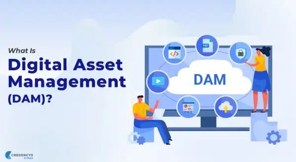 Illustration explaining Digital Asset Management (DAM) with icons for PDF, code, video, security, and cloud storage.