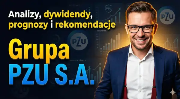 Uśmiechnięty mężczyzna w garniturze na tle wykresów i logo PZU. Analizy, dywidendy, prognozy i rekomendacje dla Grupy PZU S.A.