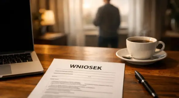 Na biurku leży wniosek, obok laptop i filiżanka kawy. Mężczyzna stoi przy oknie, rozważając pracę zdalną okazjonalną.
