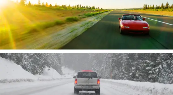 Czerwony kabriolet na słonecznej drodze i SUV w śnieżnej zamieci. Pamiętaj o zmianie opon przed 1 listopada w Polsce!