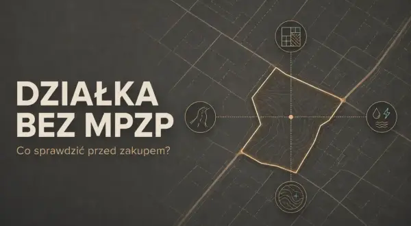 Działka bez MPZP: sprawdź warunki zabudowy 2026. Mapa z ikonami drogi, mediów i planu.