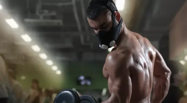 A muscular man performs dumbbell curls in a gym, wearing an oxygen mask for altitude training.