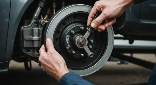 Mains effectuant une purge liquide de frein sur un disque de frein de voiture.