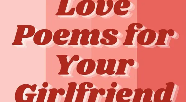 Wierszyk do dziewczyny. Napis "Love Poems for Your Girlfriend" na tle w odcieniach różu i czerwieni.