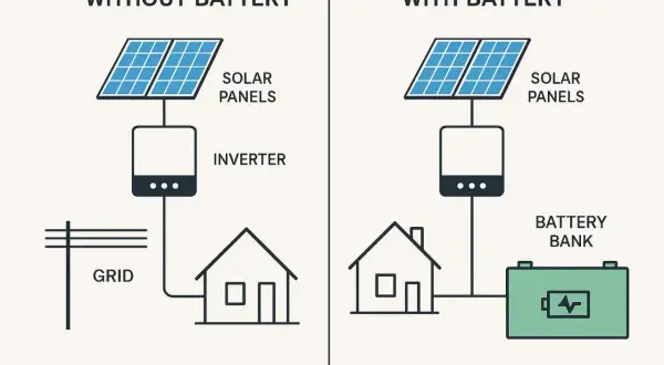 Diagrama comparativo de sistemas de energía solar: sin baterías conectadas a la red eléctrica, y con baterías para almacenamiento.