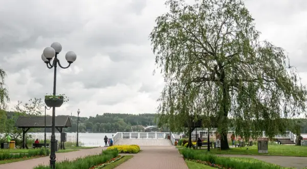 Spacer nad jeziorem w Mrągowie, z wierzbą płaczącą i kwitnącymi rabatami. Idealne miejsce na relaks i podziwianie mrągowskich atrakcji.