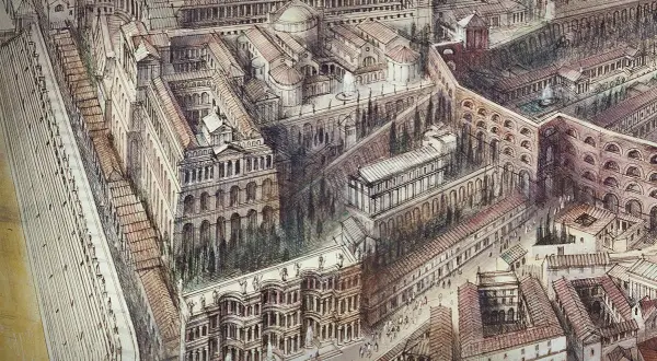 Detaljerad illustration av antika Rom, med imponerande byggnader och folkliv. Här finns fakta om Rom.