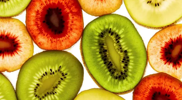 Skivor av kiwi, både gröna och rödaktiga, lyser upp. En påminnelse om att kiwi nyttigt och gott!