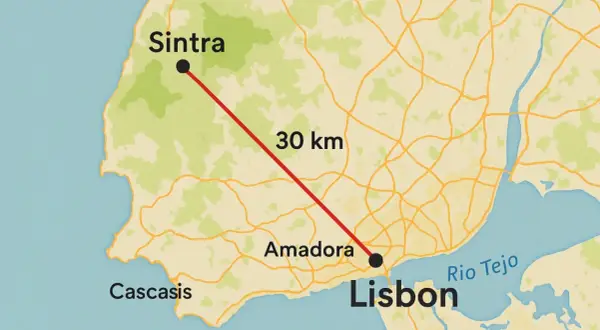 Mapa muestra cómo ir de Lisboa a Sintra, 30 km. Incluye Amadora y el río Tajo.