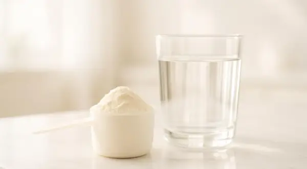 Un misurino di polvere bianca accanto a un bicchiere d'acqua, una sana alternativa alle proteine in polvere.