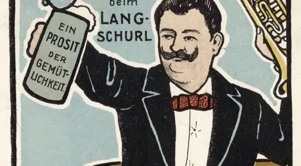 Mann mit Schnurrbart hebt Bierkrug und Trompete. "Ein Prosit der Gemütlichkeit!" – wer hat Bier erfunden?