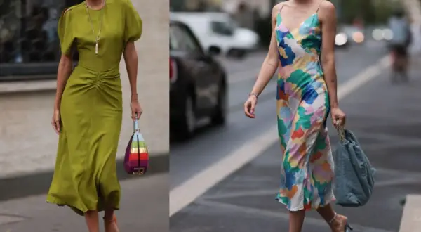 Kobiety prezentują inspiracje: jakie buty do letniej sukienki? Jedna w oliwkowej, druga w kwiecistej.