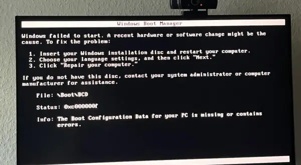 PC startet aber bootet nicht. Windows Boot Manager zeigt Fehler: Boot Configuration Data fehlt oder ist fehlerhaft.