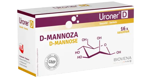 Opakowanie Uroner D z D-mannozą, 16 saszetek. Widoczny wzór chemiczny D-mannozy.