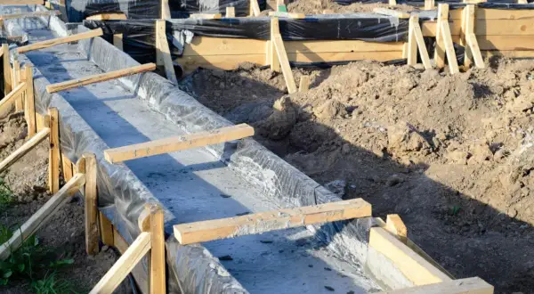 Wykonanie fundamentów: szalunek z folią i świeżym betonem.