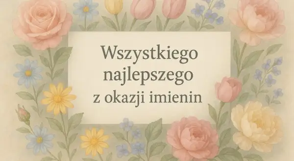 Wszystkiego najlepszego z okazji imienin Leszka! Kwiatowa ramka z różami i tulipanami.