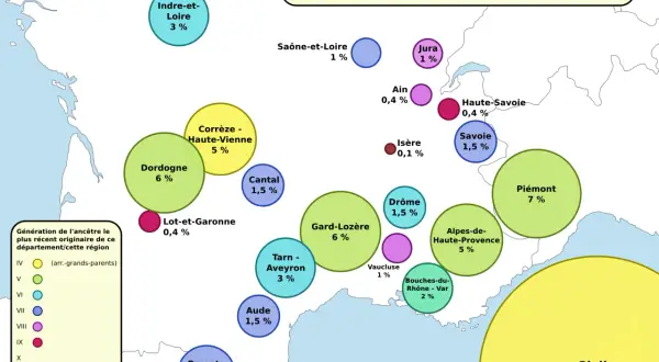 Carte montrant la répartition par génération des origines ethniques, avec la Sicile dominant à 50%.