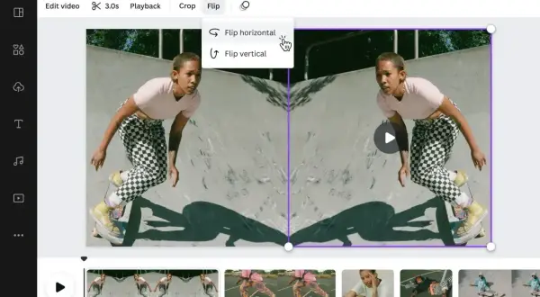 Jak zrobić odbicie lustrzane zdjęcia wideo w Canvie? Kliknij "Flip", a następnie "Flip horizontal", aby uzyskać efekt lustrzanego odbicia.