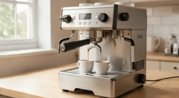Macchina da caffè in acciaio inox che eroga due espresso in tazze bianche. Se il caffè scende troppo veloce, forse la macinatura è troppo grossa.