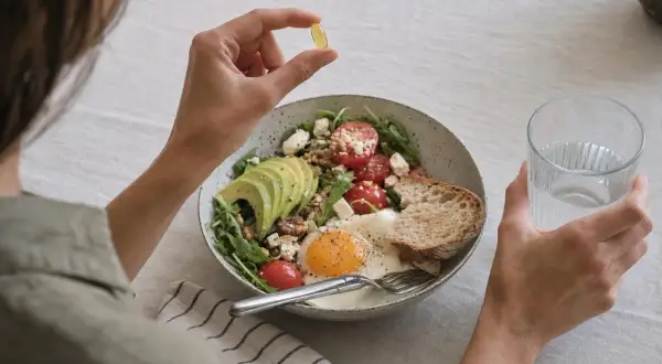 Persona prende una capsula di vitamina D, chiedendosi se sia meglio vitamina d quando prenderla mattina o sera, accanto a un piatto salutare.