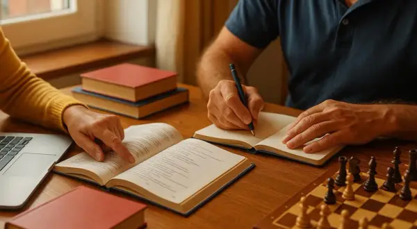 Apprendre et jouer aux échecs : des clés pour rester jeune après 50 ans. Un couple étudie et écrit, entouré de livres et d'un échiquier.