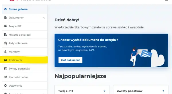 Menu e-Urzędu Skarbowego z podświetloną opcją "Rozliczenia". Możesz tu załatwić sprawy związane z fiscus.