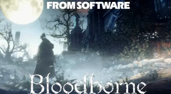 Postać w płaszczu pod wielką księżycem, logo Bloodborne i napis FROM SOFTWARE.