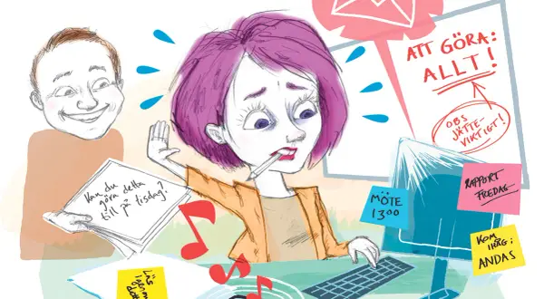 En stressad kvinna vid datorn, överväldigad av uppgifter. En kollega ger henne mer att göra. Tydlig kommunikation saknas, vilket leder till kaos.