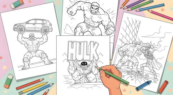 Dibujo de Hulk para colorear, levantando un coche, luchando contra Thor y con la palabra HULK. ¡A colorear!