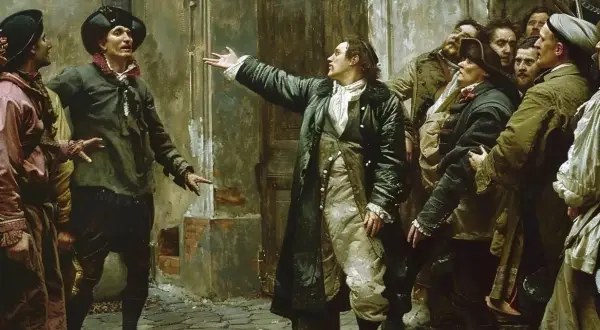Mężczyzna w stroju z epoki gestykuluje, opowiadając historię tłumowi. To nie boska komedia, a scena z życia ulicy.