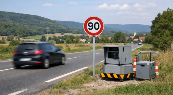 Panneau 90, radar et voiture en mouvement. Attention, si vous roulez à 95, vous serez flashé !