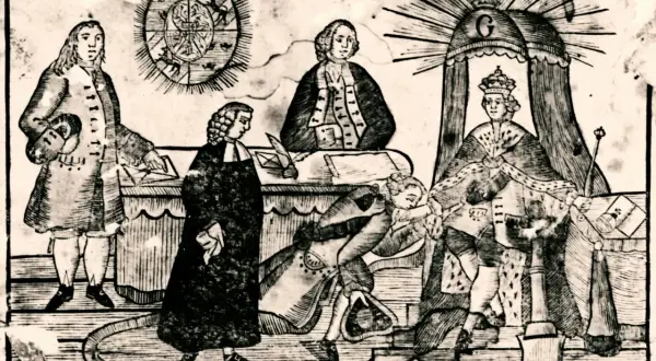 Gustav III statskupp avbildad: en kunglig person kröns, medan andra figurer i historiska kläder bevittnar händelsen.