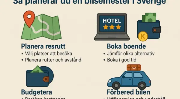 Planera din bilsemester i Sverige: rutt, boende, budget och bilförberedelser. Allt för att du ska kunna åka bil bekvämt och tryggt.