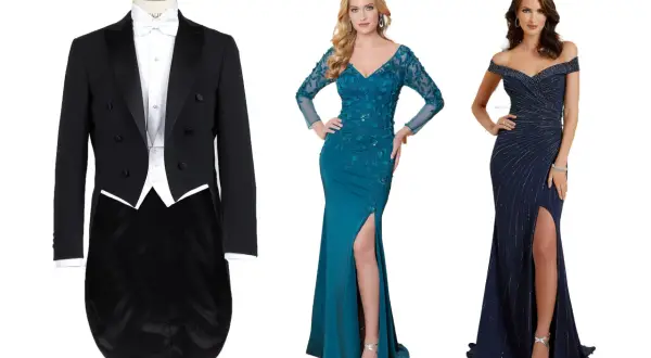 En frack med vit fluga, en turkos klänning med blommor och en mörkblå klänning med paljetter. Perfekt för en **dress code formal**.