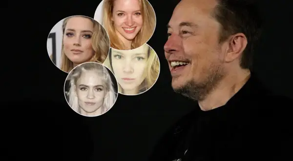 Uśmiechnięty Elon Musk na czarnym tle, obok niego w okręgach twarze kobiet, które mogłyby być matkami dzieci Elona Muska.