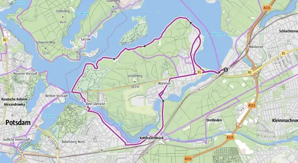 Karte zeigt eine Fahrradtour um den Wannsee und Sacrower See bei Berlin.