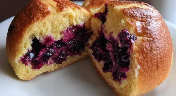 Puszyste jagodzianki z mrożonych jagód, z rumianą skórką i soczystym, fioletowym nadzieniem.