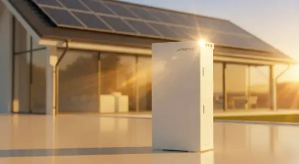 Nowoczesny magazyn energii Proton przy domu z panelami słonecznymi. Dofinansowanie do magazynu energii ułatwia inwestycję w zieloną energię.