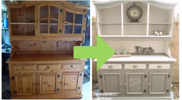 Prima e dopo: come restaurare un mobile in legno. Un mobile da cucina in pino grezzo trasformato in un pezzo shabby chic grigio e bianco.