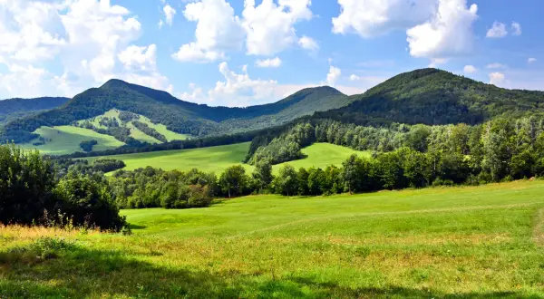 Zielone wzgórza i lasy pod błękitnym niebem z chmurami. Krajobraz jak z bajki, gdzie można odpocząć. Idealne miejsce na spacer, nawet jeśli to tylko **bedkid niski**.